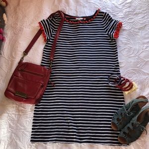 Boden navy and white pompom dress